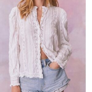 LoveShackFancy Jacque White Top Long Sleeve Blouse